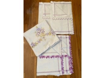 Purple Accented Vintage Linen Grouping - 5 Pieces