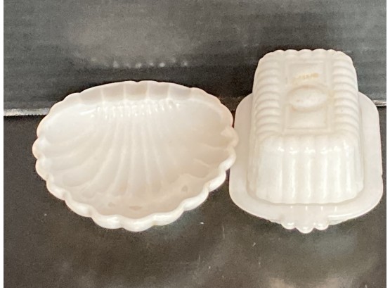 Vintage White Milk Glass Pieces:   Covered Butter Dish And Shell Dish Chip On Butter Dish