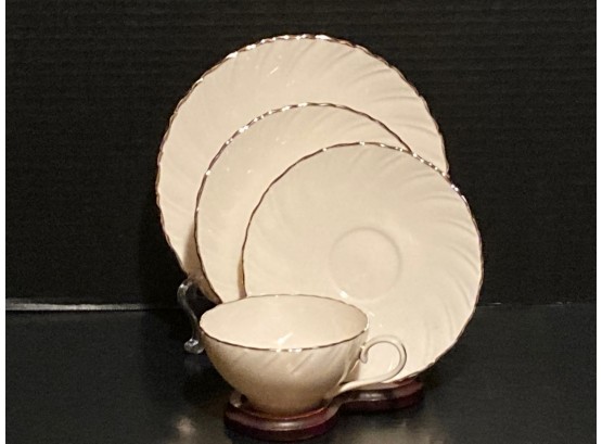 Vintage Lenox Weatherly Platinum Trim Four Piece Set:  Teacup, Saucer, Bread And Side Plate