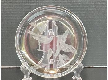 Vintage Clear Round Glass Dish With Frosted Engraved Birds