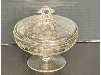 Vintage Etched Glass Footed  Covered Candy Dish