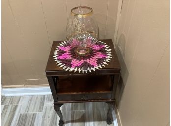 Vintage Solid Wood End Table Single Drawer Carved Legs Claw Feet Metal Embellishment
