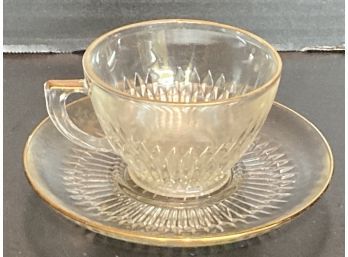 Vintage Jeannette Glass Crystal Anniversary Gold Trim Depression Era Cup And Saucer