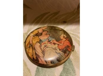 Vintage Gold Tone Compact Mirror With Victorian Scene Transfer West Germany