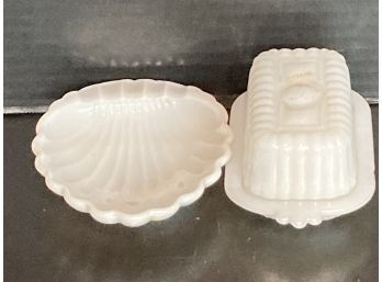 Vintage White Milk Glass Pieces:   Covered Butter Dish And Shell Dish Chip On Butter Dish