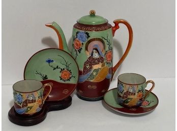 Vintage Japanese Satsuma Goddess Of Mercy Teapot And Pair Of Demitasses And Saucers