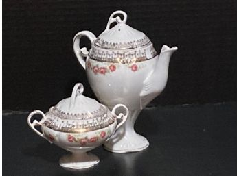 Antique Schwarzburg German White Floral Footed Small Teapot And Covered Sugar