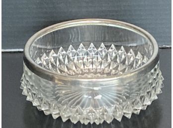 Vintage Cut Glass Bowl Chrome Rim English Hobnail Base
