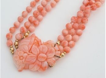 Stunning Triple Strand Stone? Necklace With Carved Floral Basket*research*