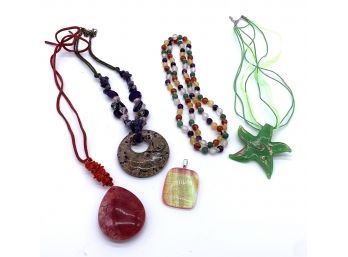 Group Of Four Large Pendant Fashion Necklaces & A Fashion Multicolored Strand