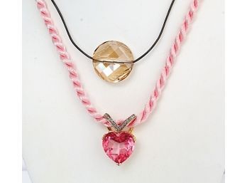 14 K Yellow Gold Heart Pendant Set With Diamond Chips & Crystal Choker Necklace