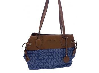 Michael Kors Blue Fabric & Tan Pebble Leather Handbag
