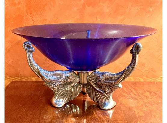 Authur Court Blue Glass Bowl On Silver Elephant Base  LOC: W1