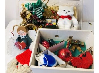 Box Of Misc Christmas Ornaments - Glass & Plastic, Old & New