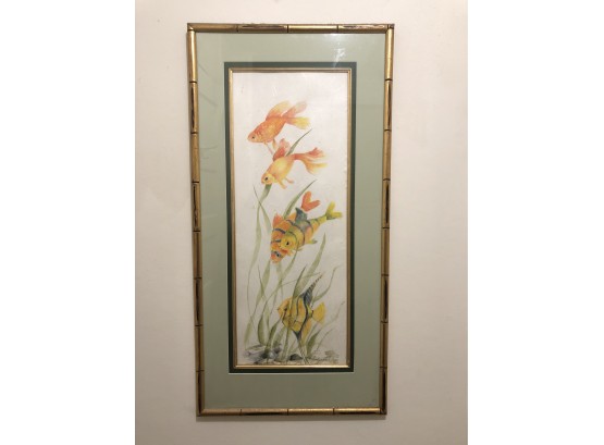Signed Evelin Clark Price BWS Watercolor On Fiber Paper Golden Bamboo Double Frame Double Matted  18x35