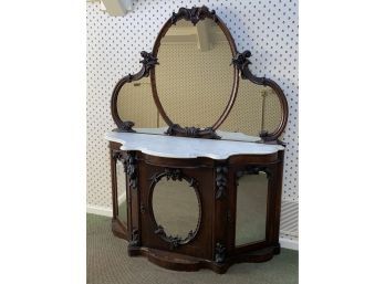 Unique Mahogany? Marble Top Buffett Hand Carved Wood Detail Mirrors