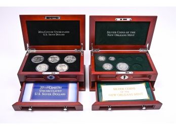 Assortment Of Collectable Silver Coins In Two Rosewood Display Boxes