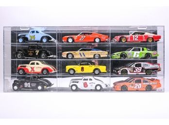 Set Of 12 Model Stock Cars In An Acrylic Display Case
