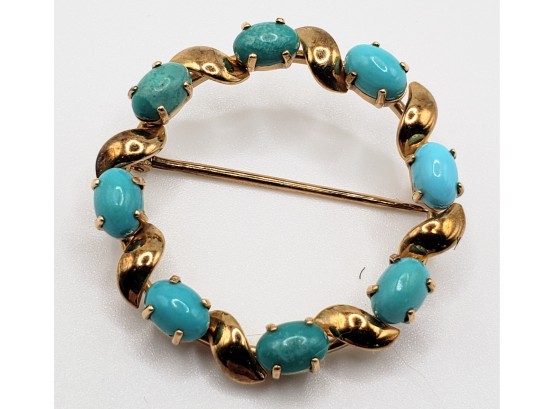 14K Gold And Turquoise Circle Pin