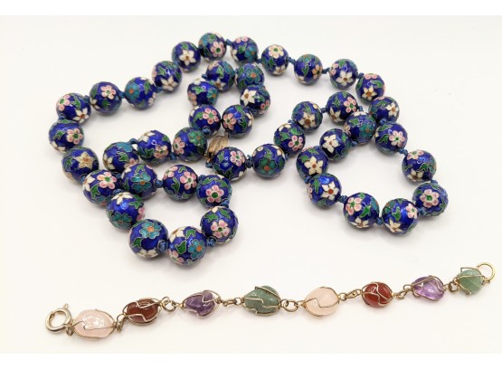Pretty Blue Cloisonne  Beads And Multicolored Stone Bracelet