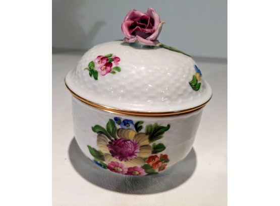 Herend White Porcelain Decorated With Roses Small Covered Bowl