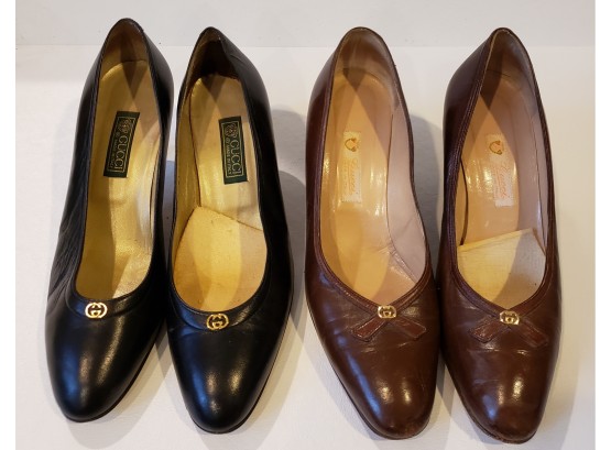 Black And Brown Pair Of Vintage Gucci Pumps Includes Gucci Bags