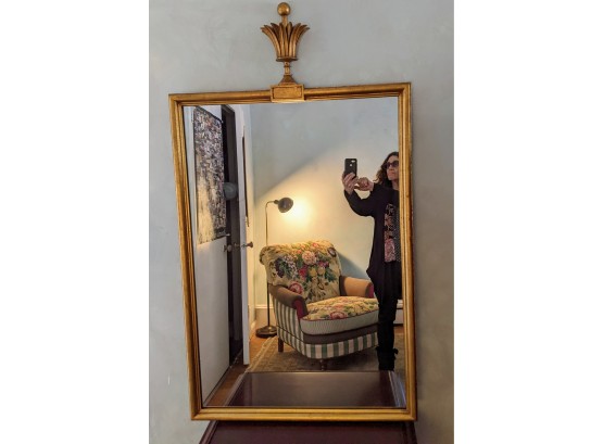 Large Gilded Vintage Rectangular Mirror With Crown Accent At Top.