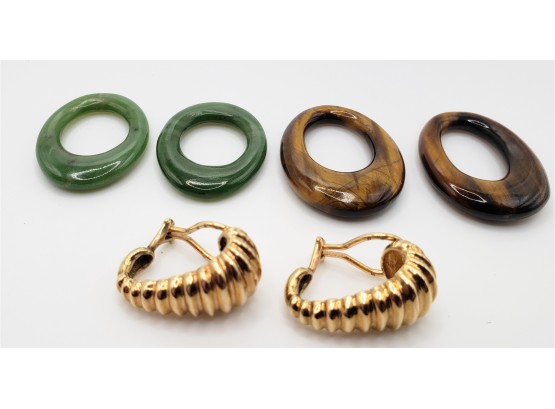 14K Gold Hoop Earrings With Detached Interchangable Jade And Tiger's Eye Hoops