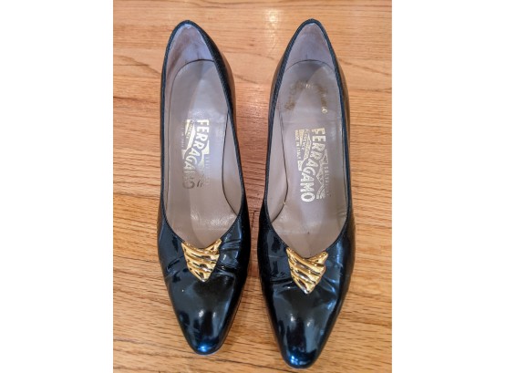 Black Patent Leather Ferragamo Pumps With Gold Accents - Exc. Condition