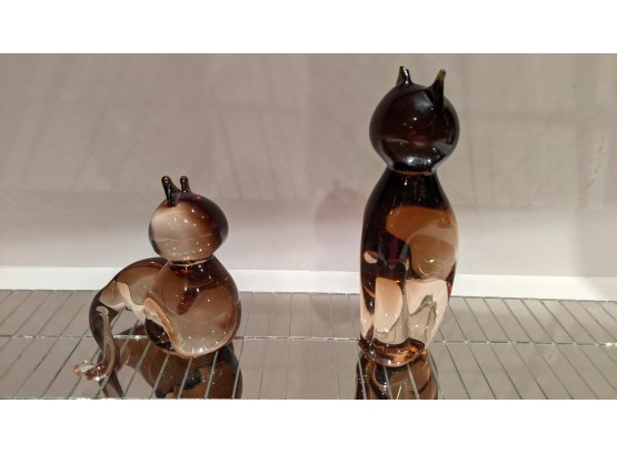 Purrr..fect Pair Of Vintage Murano Vintage Topaz Colored Glass Cats By V. Nason & Co.
