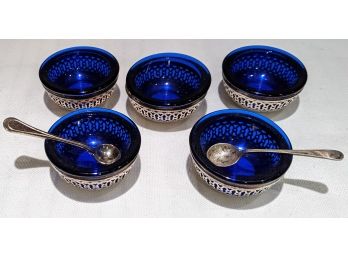 Set Of 5 Mini Cobalt Blue Bowls With Silver Holders And Two Spoons