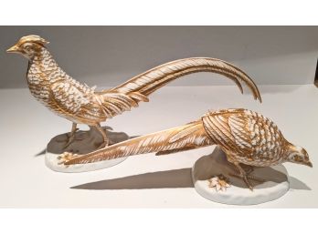 Pair Of Antique Gold And Ivory Porcelain Pheasants (mint)
