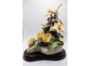 Gorgeous Porcelain China Daffodil Capodimonte Bouquet On Wood Base, Not Signed