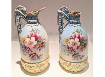 2 Antique (Victorian Style )  Floral Pitchers - Signature Is Hard To Read.  19th Century