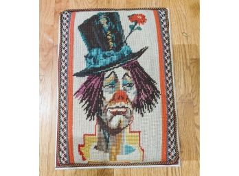 Unusual Needlepoint French Footstool Of Clown With Mohagany Carved Legs