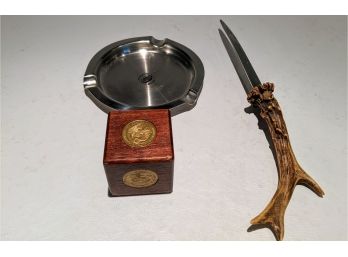 Antler Handled Knife, Wimbledon Ashtray, Wood Cube With One Dollar Coins From Patent Office