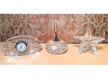 Waterford Crystal Clock, Pen Holder And Star Paperweight