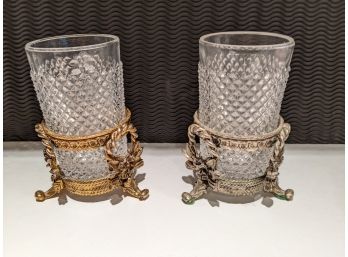 His And Hers Antique Glass Containers In Metal Stands