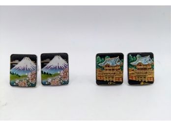 2 Gorgeous Hand Painted Japanese Scenery Cuff Links