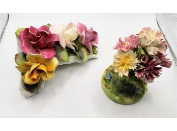 2 Staffordshire Porcelain Floral Bouquets, 1 Roses, 1 Chrysanthemums