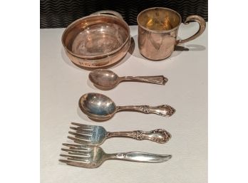 Group Of Antique Children's Sterling Silver Tableware, 2 Spoons, 2 Forks, 1 Bowl And 1 Cup