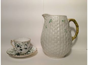 Irish Pitcher With Shamrocks By Bellevue Of Ireland And Cup And Saucer 'Cairo' By Coalport