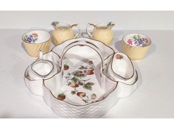Coalport Strawberry China Basket With Sauce And Creamer Paired With Ansley Serving Cups And Creamers