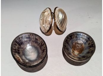 2 Mini Tortoise Or Snail Shell Bowls (Very Rare) With Silver Possibly Ster Rim,, Plus Mother Of Pearl Pill Box
