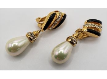 Christian Dior Costume Pearl Drops With Onyx And Diamonds