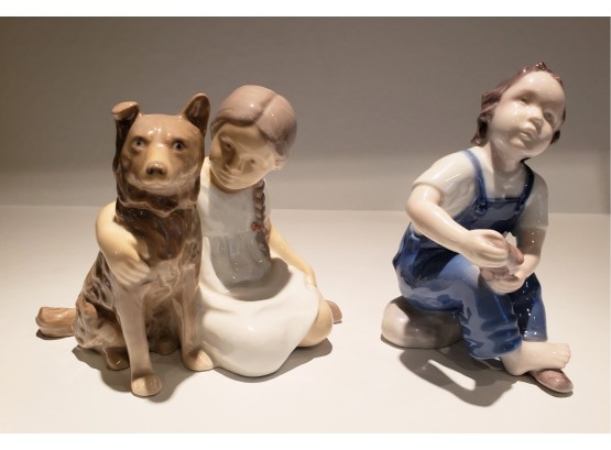 2 Bing & Grondahl Of Denmark Porcelain Figures Of Girl With Dog And Little Boy