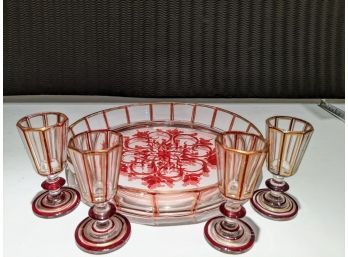 5 Vintage Cranberry And Gold Cordial Glasses With Matching Plate -