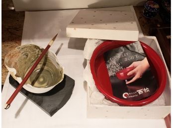 Japanese Calligraphy Ink Bowl (calligraphy Brush Not Included) And Red Bowl
