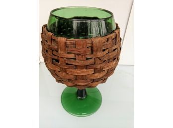 Oversized Green Glass Bowl Wrapped In Wicker (Mid Century Modern )  Great For Holding Matches Or Cards