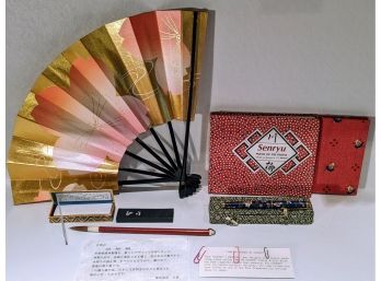 Japanese Calligraphy Stone And Brush Plus Plus Beautiful Fan And Book